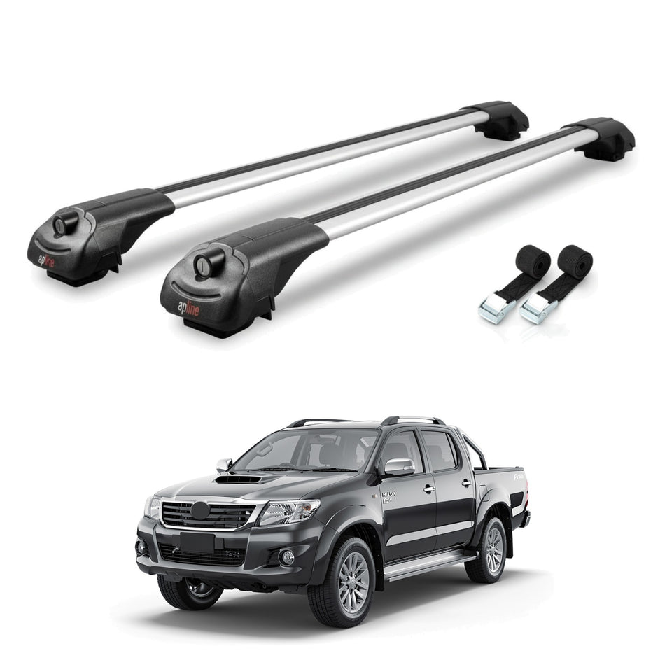 Roof Bars Compatible with Toyota Hilux 7 (AN30) 2005-2015, Grey, 2 Bars with Straps.