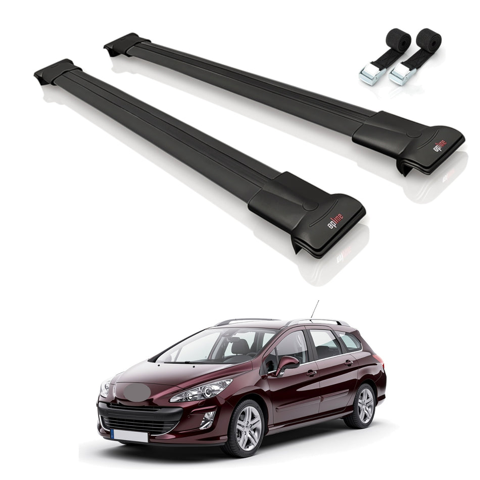 Roof Bars Compatible with Peugeot 308 (T7) SW 2008-2013, Black, 2 Bars with Straps