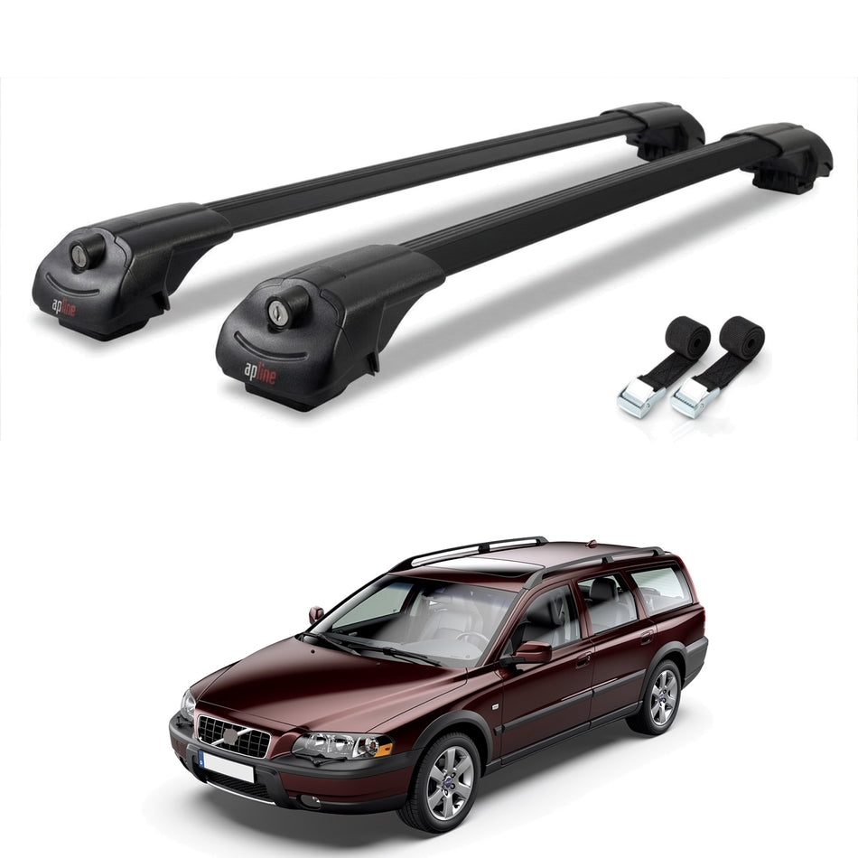 Roof Bars Compatible with Volvo XC70 (P2) 2000-2007, Black, 2 Bars with Straps