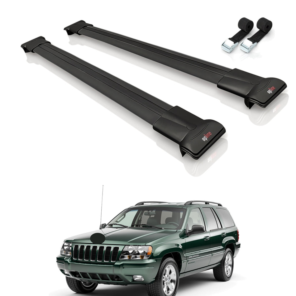 Roof Bars Compatible with Jeep Grand Cherokee 2 (WJ) 1999-2004, Black, 2 Bars with Straps