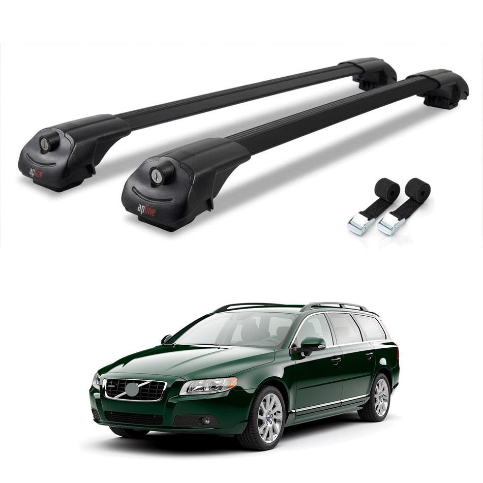 Roof Bars Compatible with Volvo V70 III 2008-2016, Black, 2 Bars with Straps