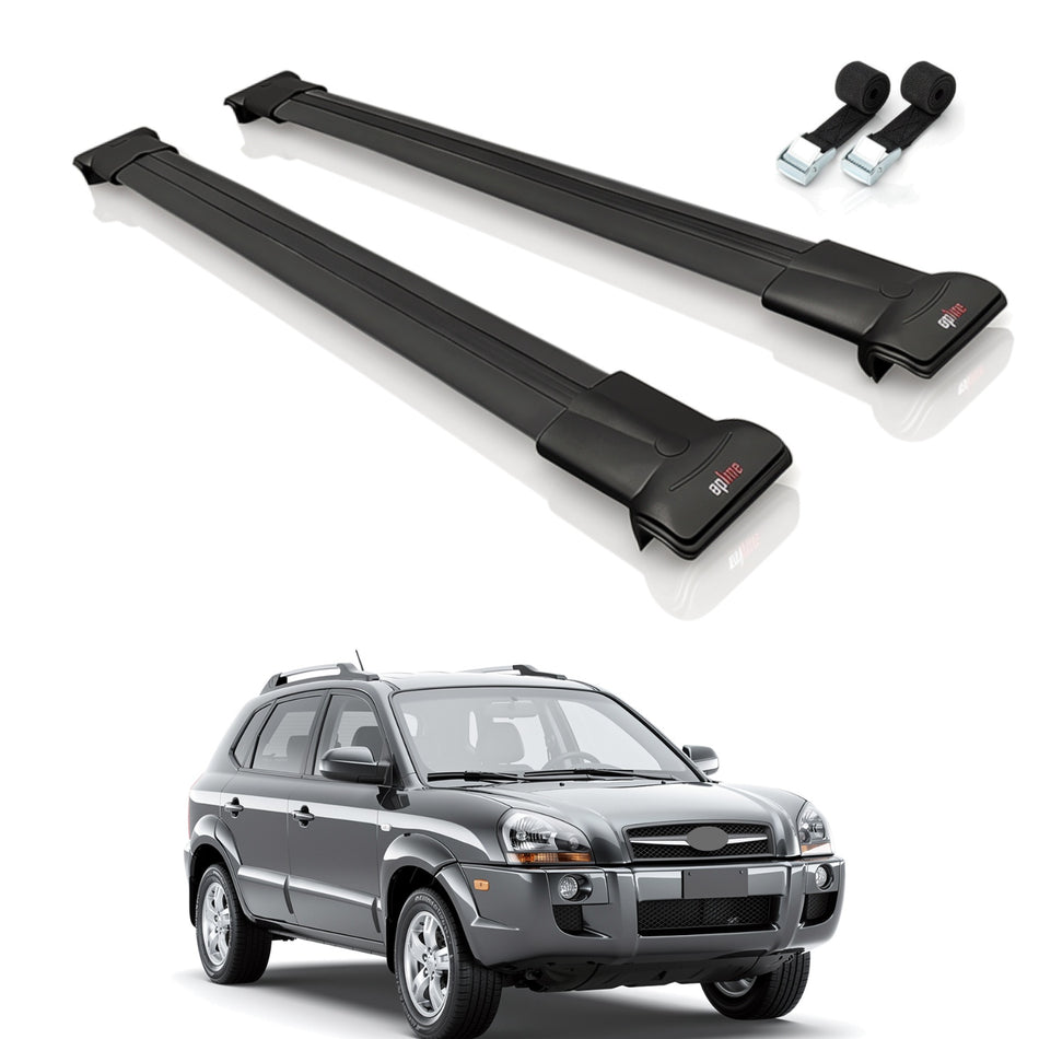 Roof Bars Compatible with Hyundai Tucson (JM) 2004-2009, Black, 2 Bars with Straps
