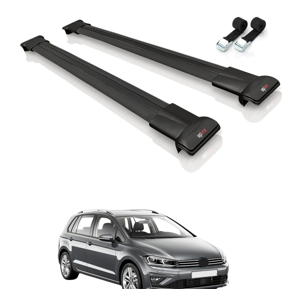 Roof Bars Compatible with Volkswagen Golf Sportvan 2014-2017, Black, 2 Bars with Straps