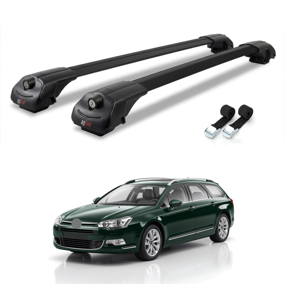 Roof Bars Compatible with Citroen C5 II Tourer 2008-2018, Black, 2 Bars with Straps