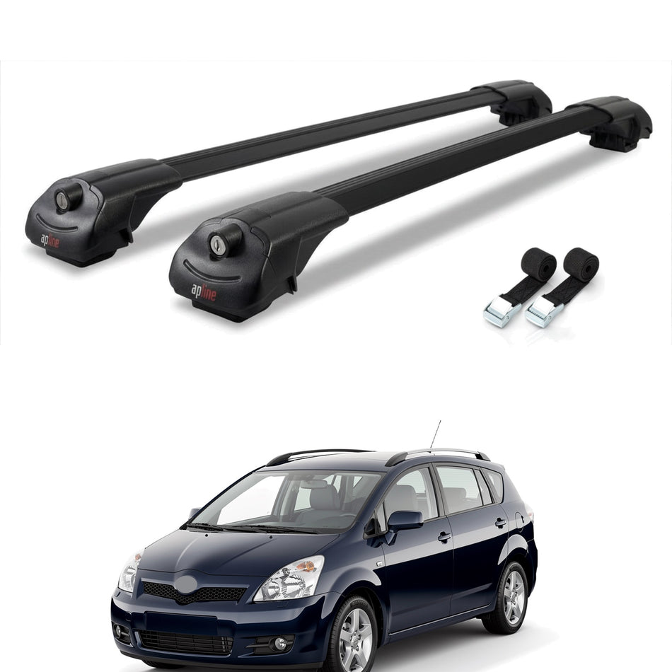 Roof Bars Compatible with Toyota Corolla Verso 2 (AR10) 2004-2010, Black, 2 Bars with Straps