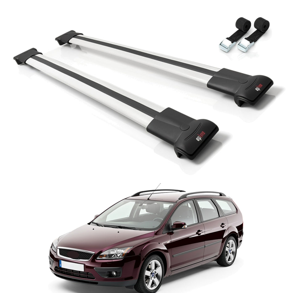 Roof Bars Compatible with Ford Focus 2 (C307) SW 2005-2010, Grey, 2 Bars with Straps
