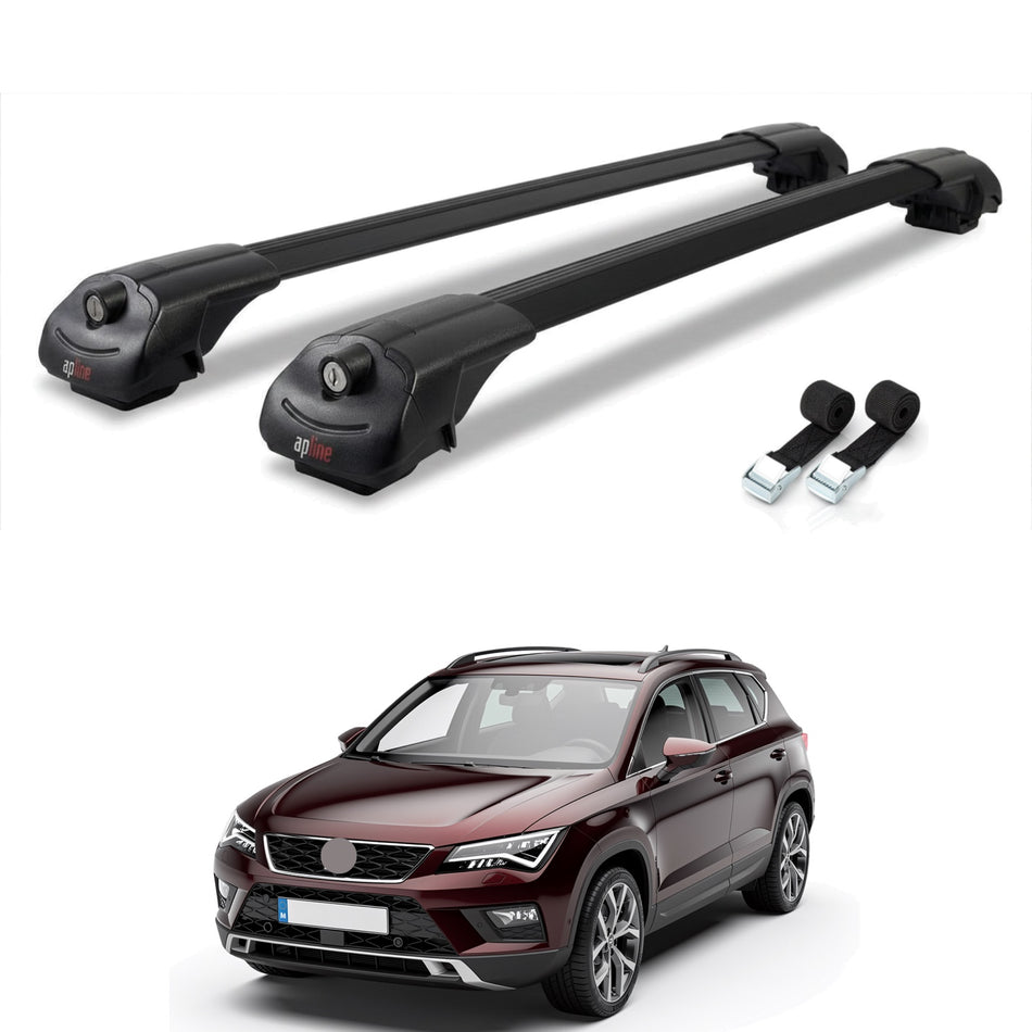 Roof Bars Compatible with Seat Ateca (KH7) 2016-2025, Black, 2 Bars with Straps
