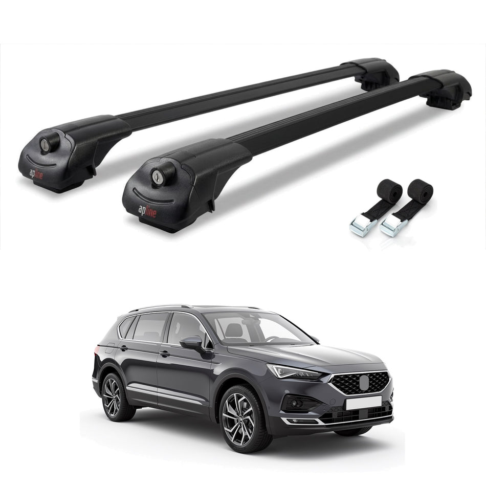 Roof Bars Compatible with Seat Tarraco 2019-2024, Black, 2 Bars with Straps