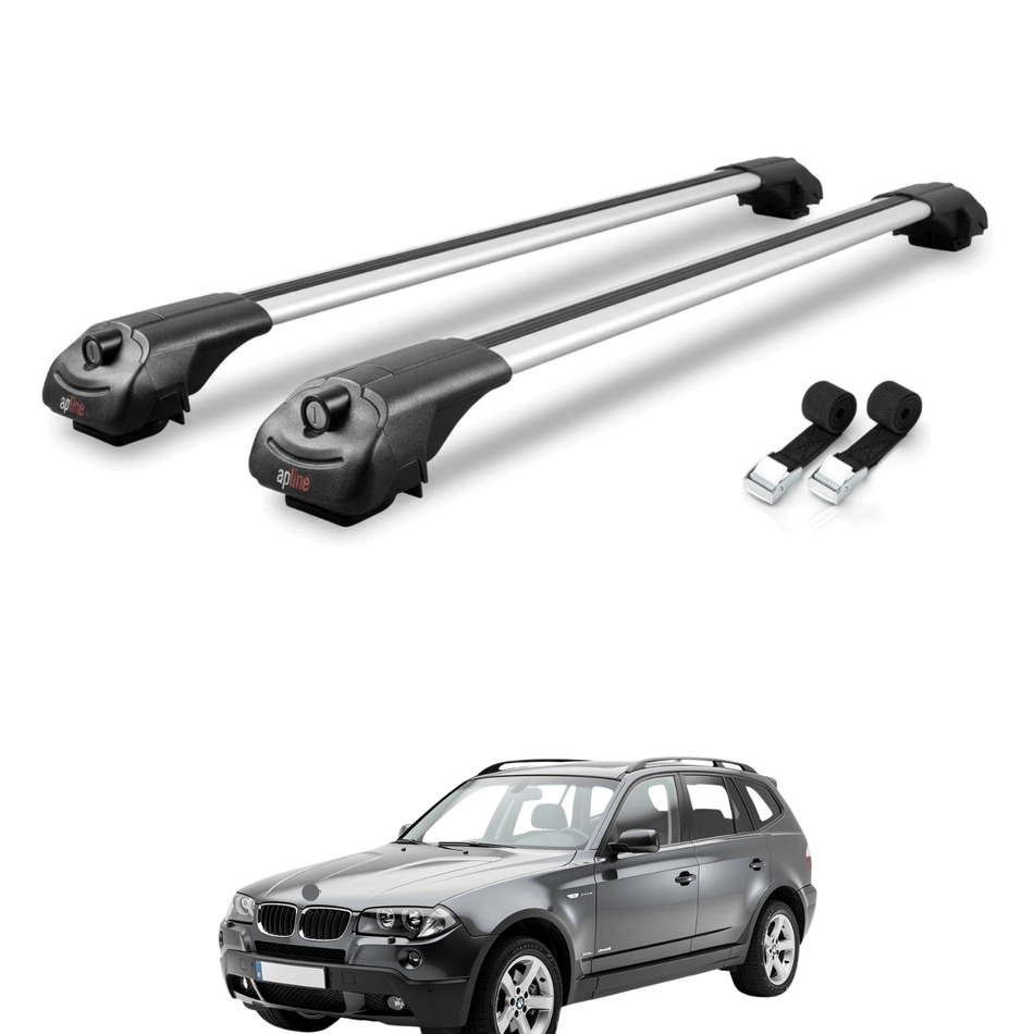 Roof Bars Compatible with BMW X3 (E83) 2003-2010, Grey, 2 Bars with Straps.