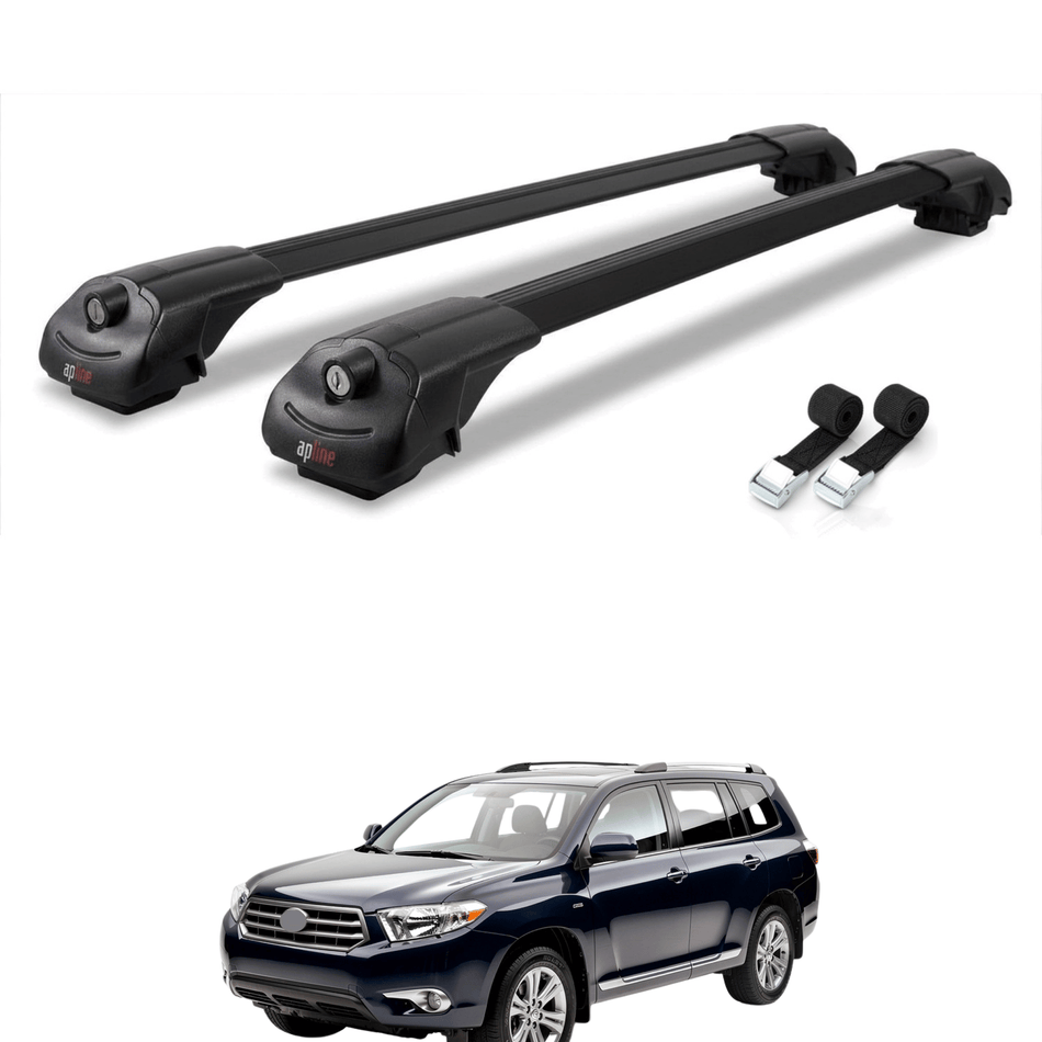 Roof Bars Compatible with Toyota Highlander (XU40) 2008-2013, Black, 2 Bars with Straps