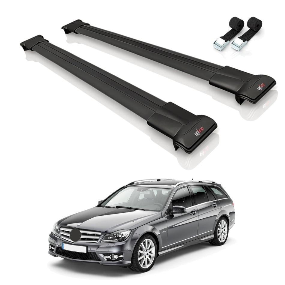 Roof Bars Compatible with Mercedes C Class 3 (S204) 2008-2014, Black, 2 Bars with Straps