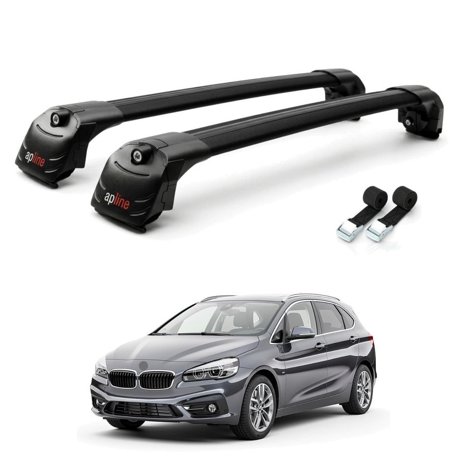 Roof Bars Compatible with BMW 2 Series (F45) Active Tourer 2014-2021, Black, 2 Bars with Straps
