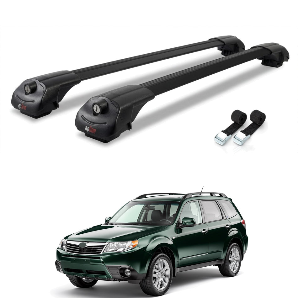Roof Bars Compatible with Subaru Forester 3 (SH) 2008-2013, Black, 2 Bars with Straps