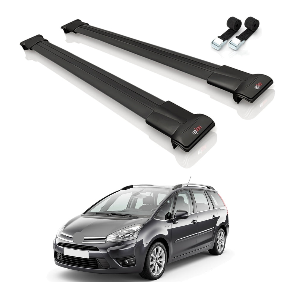 Roof Bars Compatible with Citroen Grand C4 Picasso 2007-2012, Black, 2 Bars with Straps