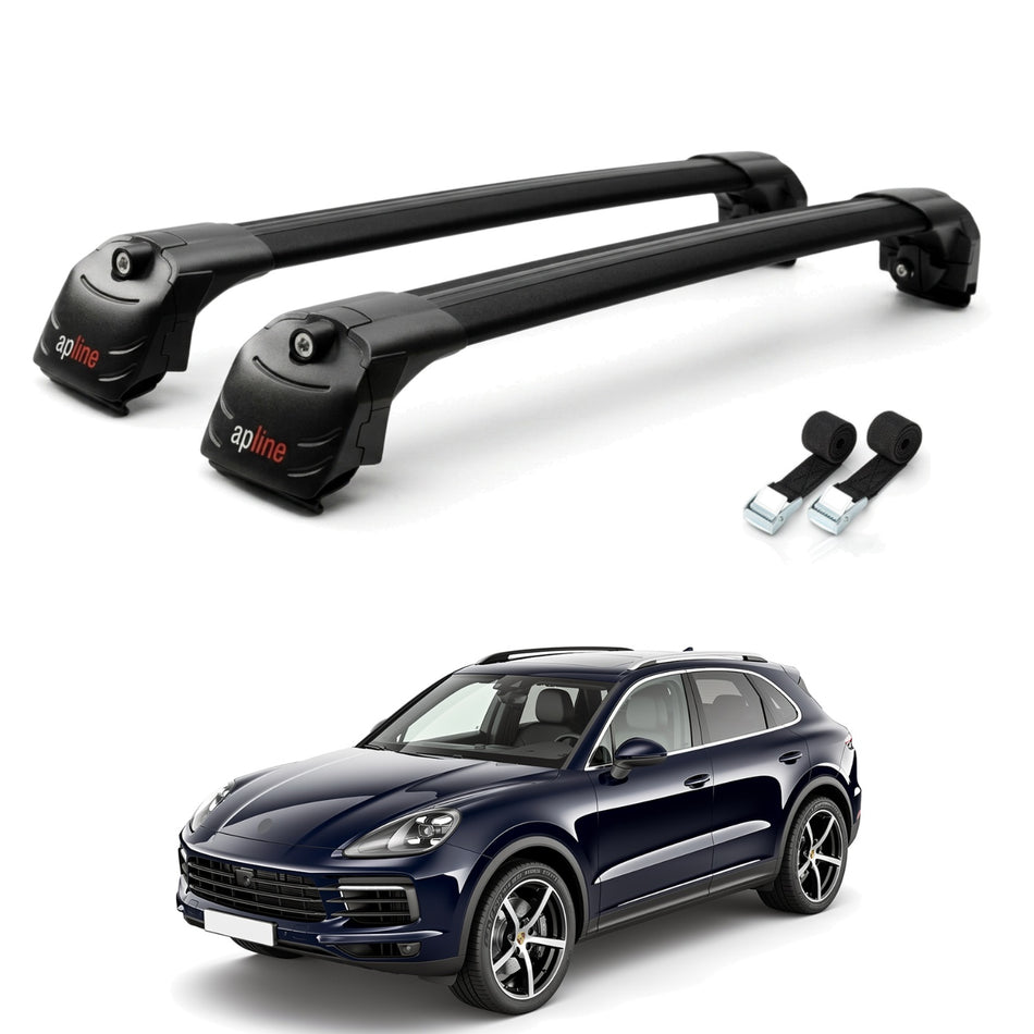 Roof Bars Compatible with Porsche Cayenne 3 (9YA) 2018-2025, Black, 2 Bars with Straps