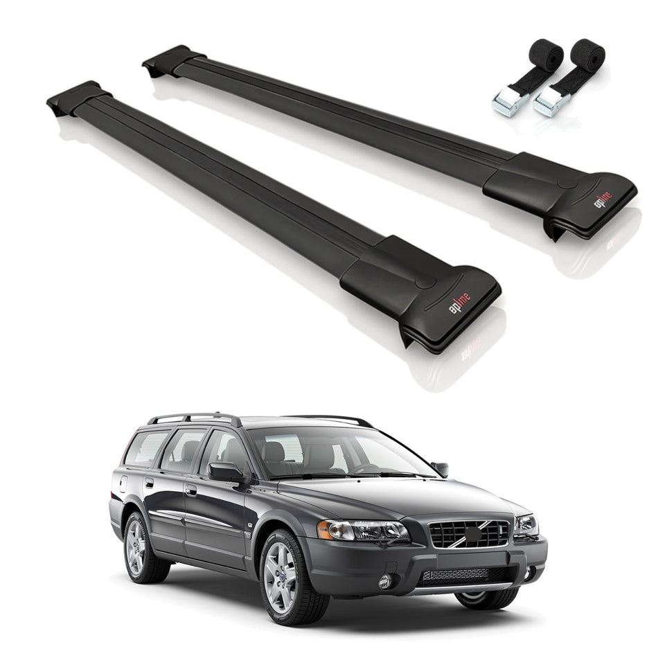 Roof Bars Compatible with Volvo XC70 (P2) 2000-2007, Black, 2 Bars with Straps