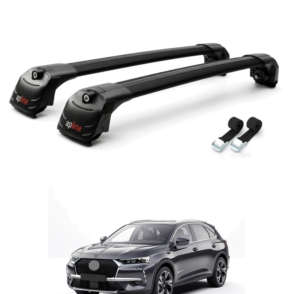 Roof Bars Compatible with Citroen/DS 7 Crossback 2018-2025, Black, 2 Bars with Straps