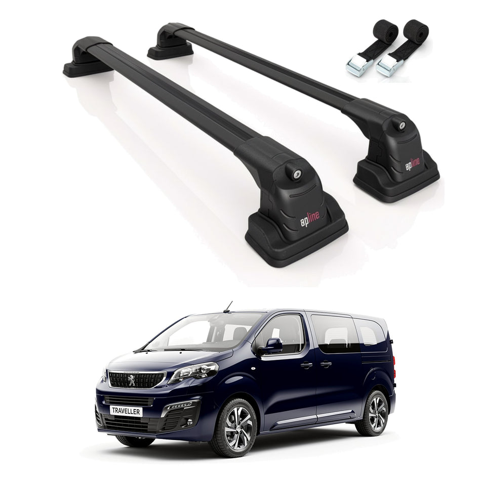 Roof Bars Compatible with Peugeot Expert Traveller 2017-2025, Black, 2 Bars with Straps