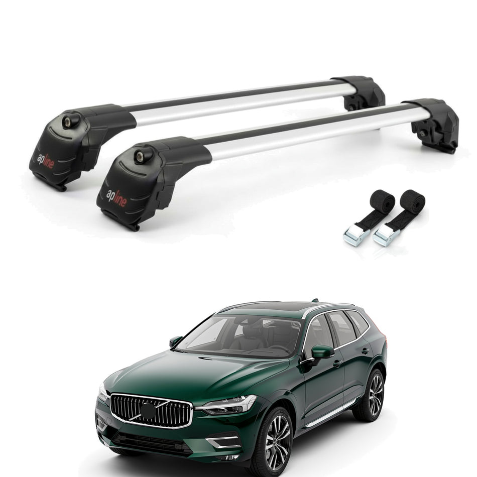 Roof Bars Compatible with Volvo XC60 II 2017-2025, Grey, 2 Bars with Straps