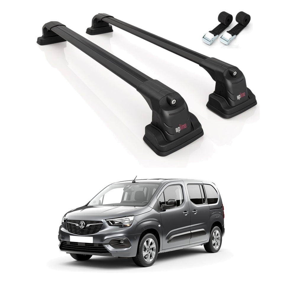 Roof Bars Compatible with Vauxhall Combo E 2019-2025, Black, 2 Bars with Straps