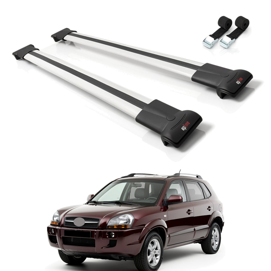 Roof Bars Compatible with Hyundai Tucson (JM) 2004-2009, Grey, 2 Bars with Straps