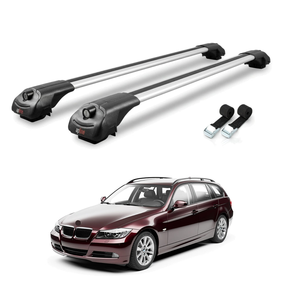 Roof Bars Compatible with BMW 3 Series E91 Touring 2006-2011, Grey, 2 Bars with Straps.