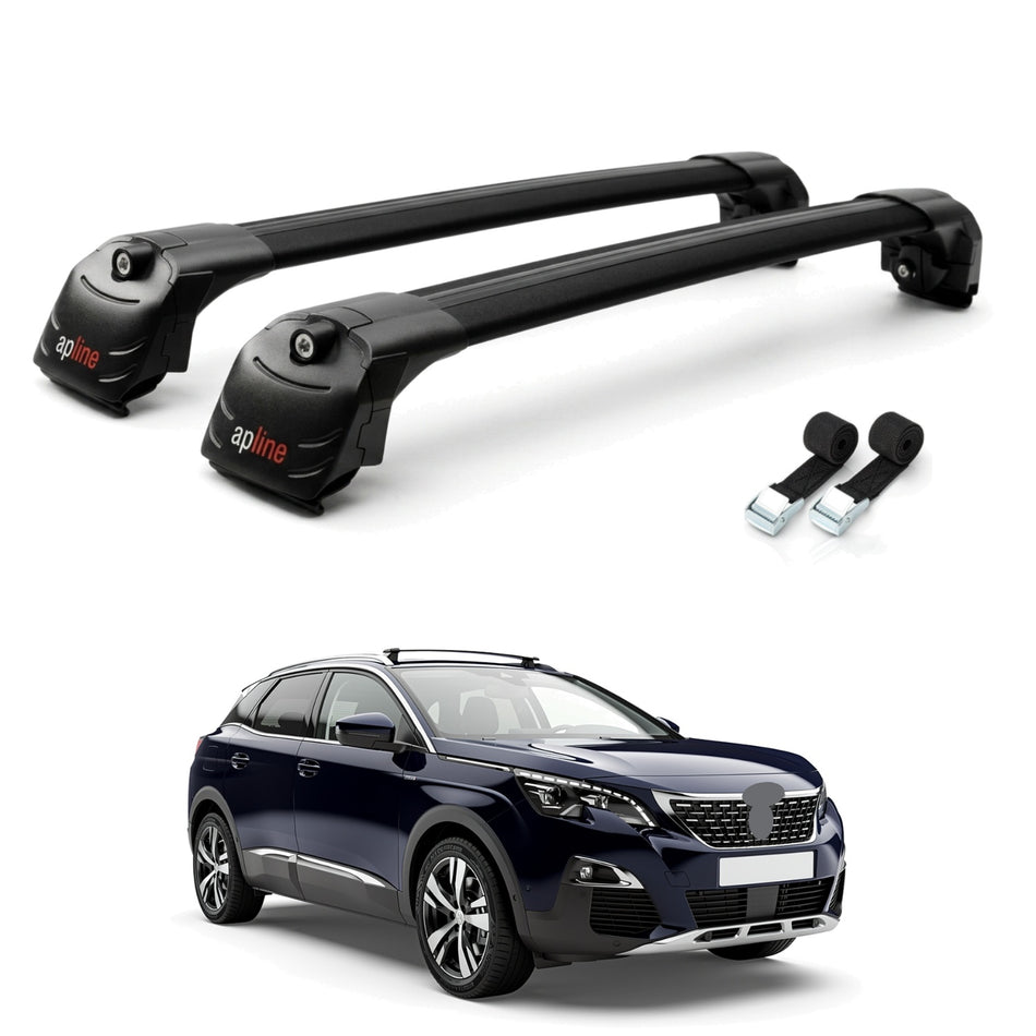 Roof Bars Compatible with Peugeot 3008 II (P84) Pre-Facelift 2017-2020, Black, 2 Bars with Straps