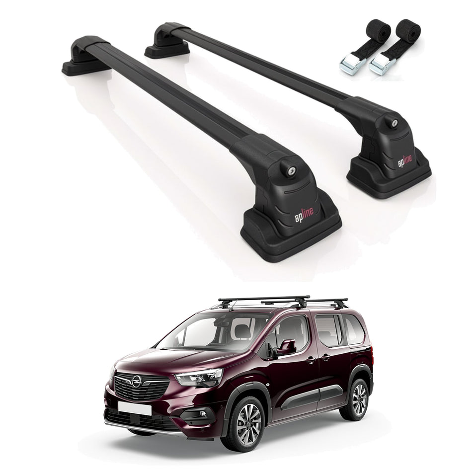 Roof Bars Compatible with Opel Combo Life 2019-2023, Black, 2 Bars with Straps