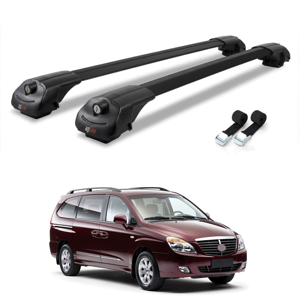 Roof Bars Compatible with Ssangyong Stavic 2005-2012, Black, 2 Bars with Straps