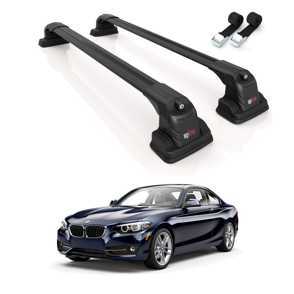 Roof Bars Compatible with BMW 2 Series (F22) 2014-2019, Black, 2 Bars with Straps