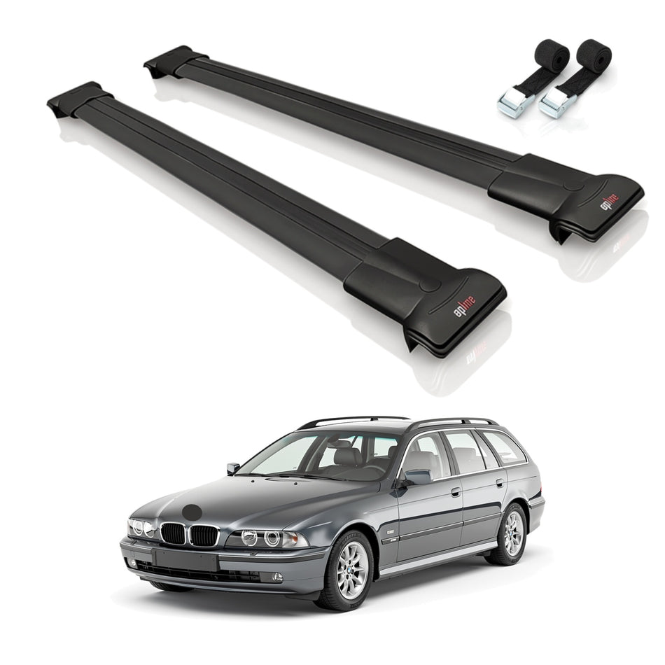 Roof Bars Compatible with BMW 5 Series (E39) Touring 1997-2003, Black, 2 Bars with Straps