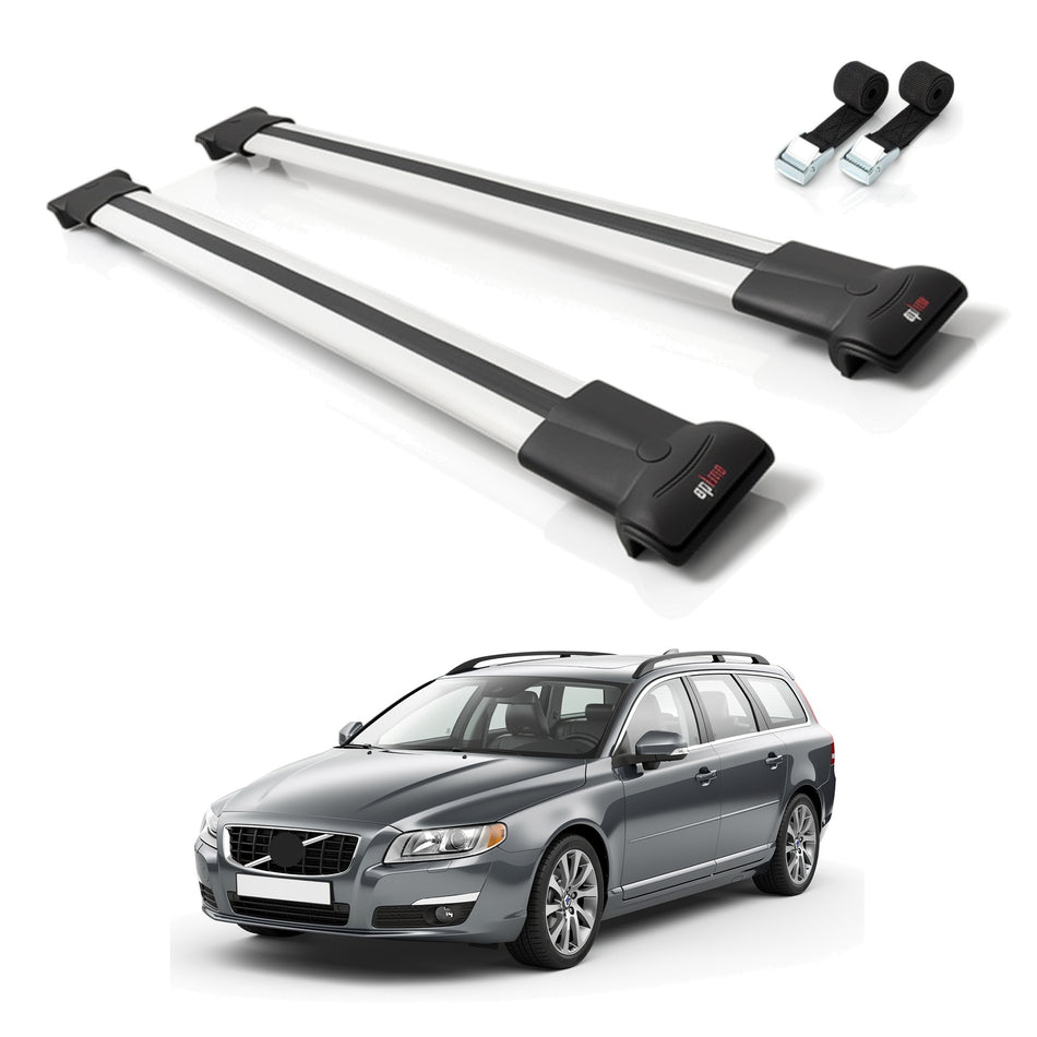 Roof Bars Compatible with Volvo V70 III 2008-2016, Grey, 2 Bars with Straps