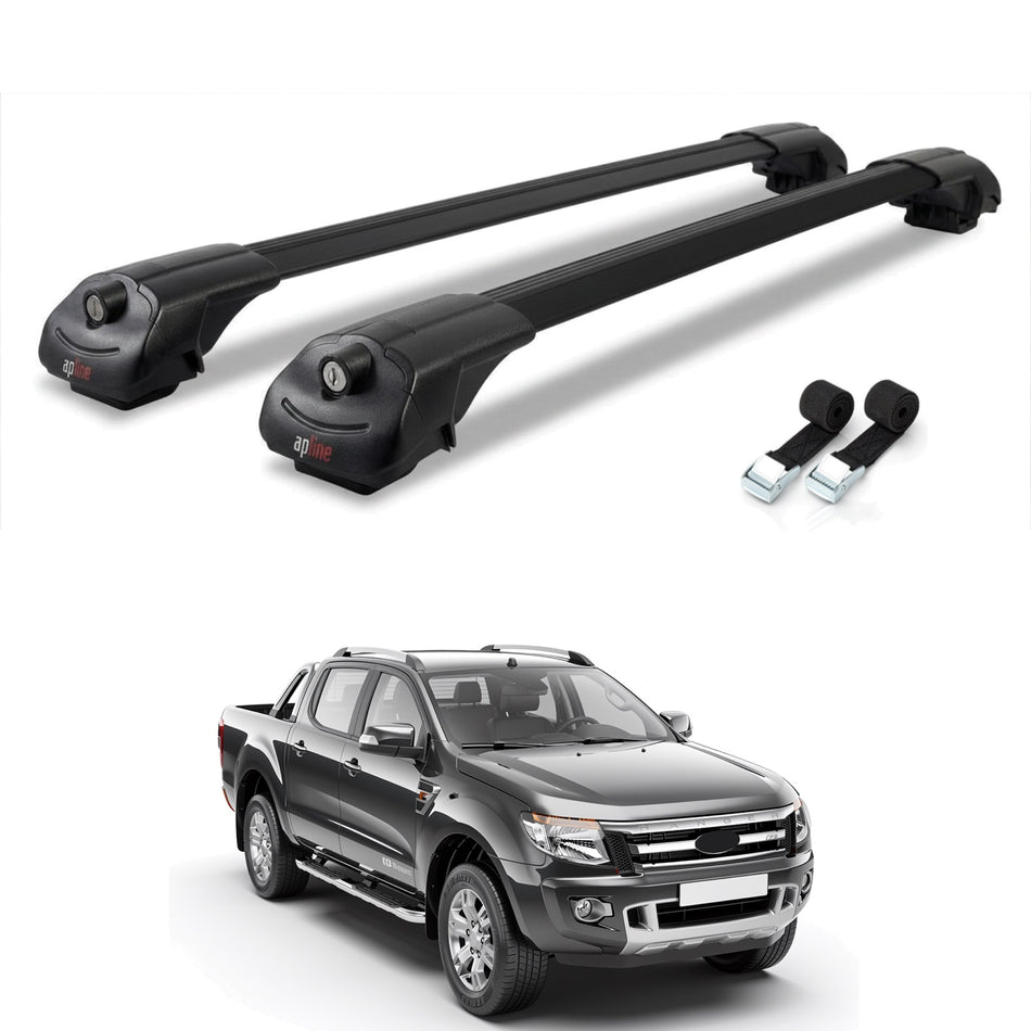 Roof Bars Compatible with Ford Ranger (P375) 2011-2022, Black, 2 Bars with Straps