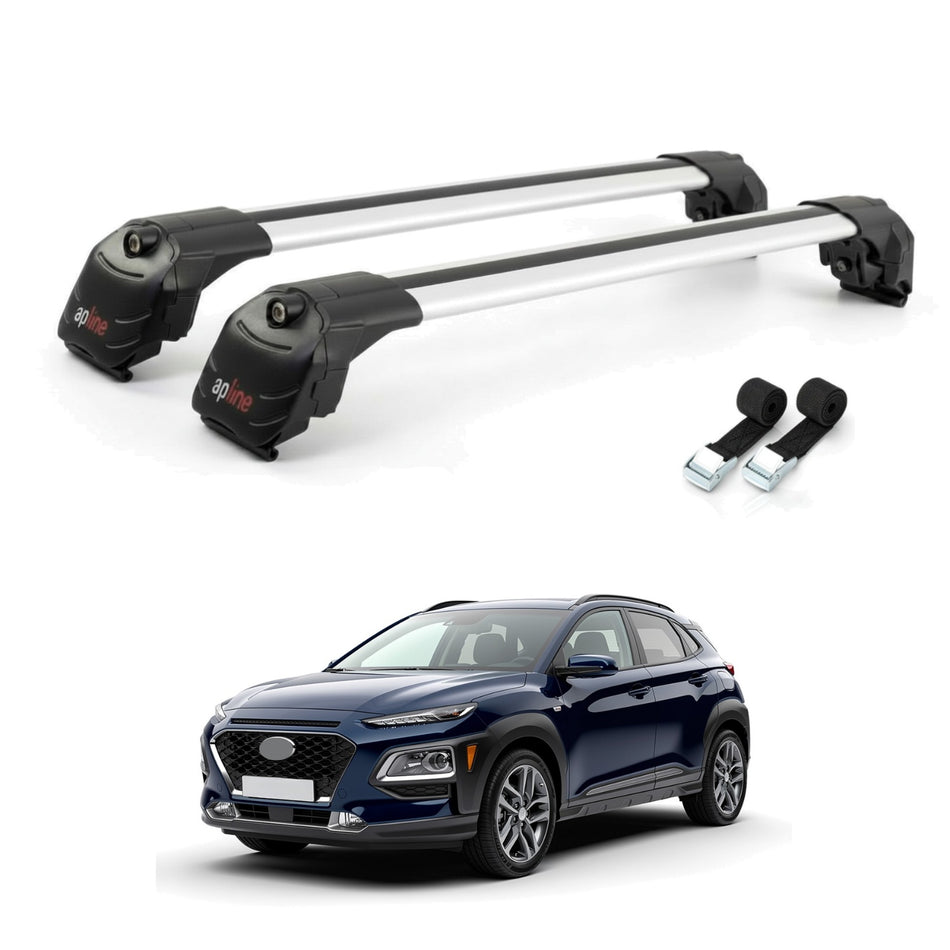 Roof Bars Compatible with Hyundai Kona (OS) 2017-2022, Grey, 2 Bars with Straps