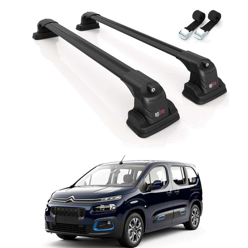 Roof Bars Compatible with Citroen Berlingo 2019-2023, Black, 2 Bars with Straps