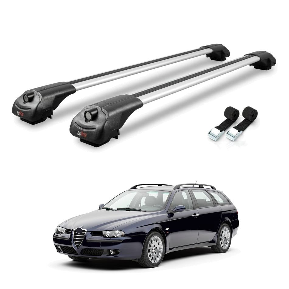 Roof Bars Compatible with Alfa Romeo 156 (T932) SW 2000-2006, Grey, 2 Bars with Straps.