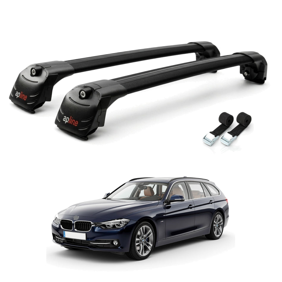Roof Bars Compatible with BMW 3 Series (F31) Touring 2012-2019, Black, 2 Bars with Straps