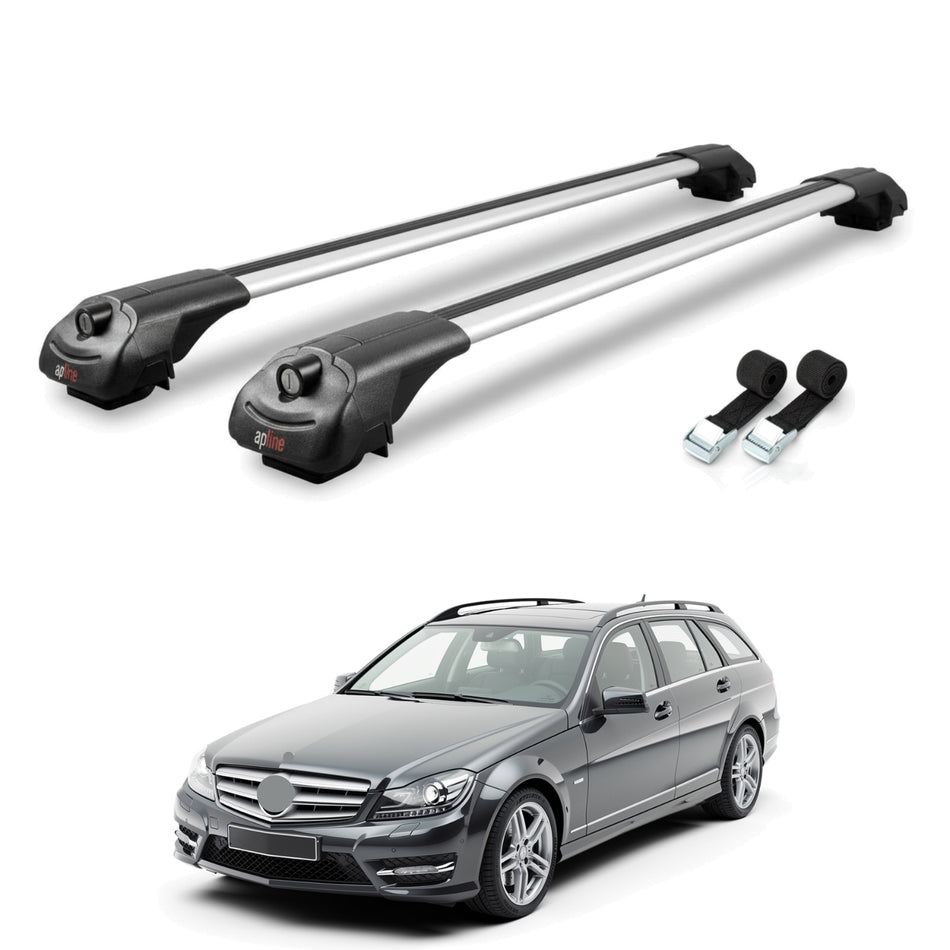 Roof Bars Compatible with Mercedes C Class 3 (S204) 2008-2014, Grey, 2 Bars with Straps.