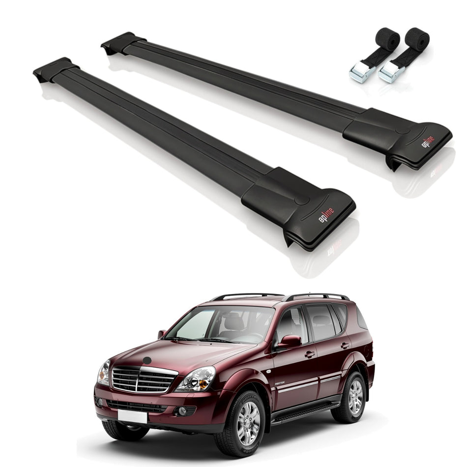 Roof Bars Compatible with Ssangyong Rexton (Y250) 2006-2012, Black, 2 Bars with Straps