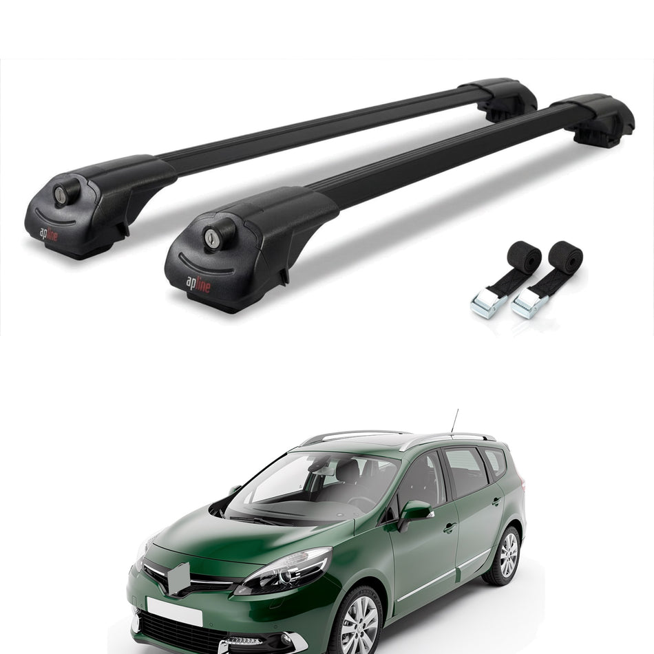 Roof Bars Compatible with Renault Grand Scenic 3 2009-2016, Black, 2 Bars with Straps