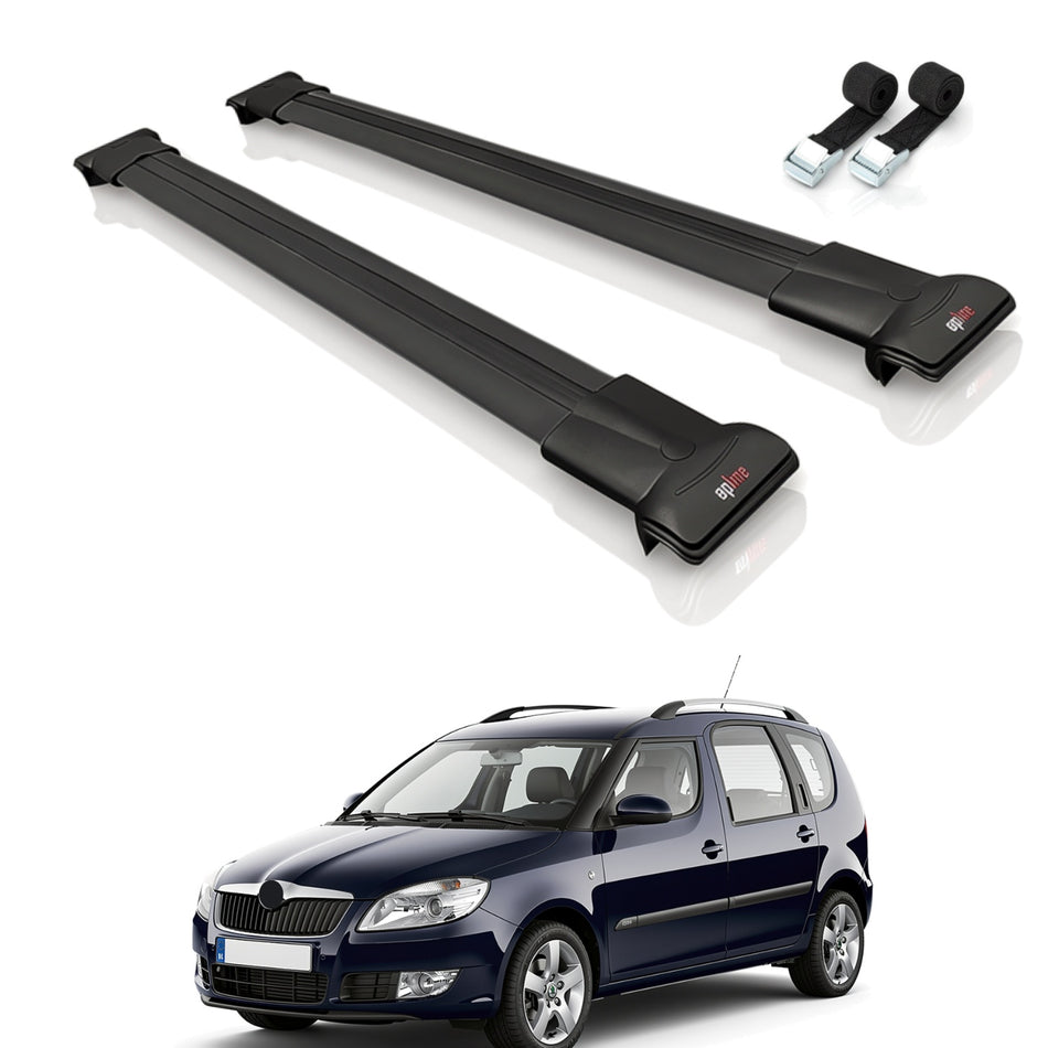 Roof Bars Compatible with Skoda Roomster 2006-2015, Black, 2 Bars with Straps