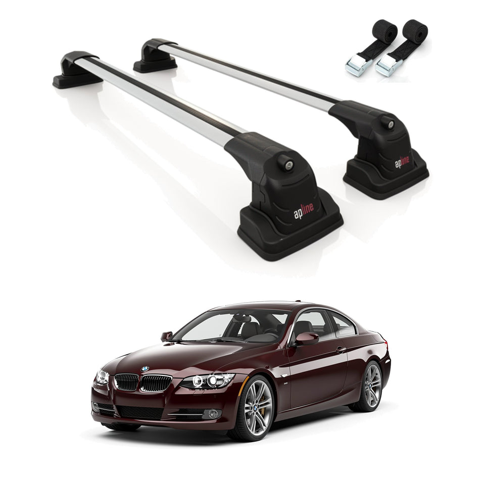Roof Bars Compatible with BMW 3 Series (E92) 2006-2013, Grey, 2 Bars with Straps