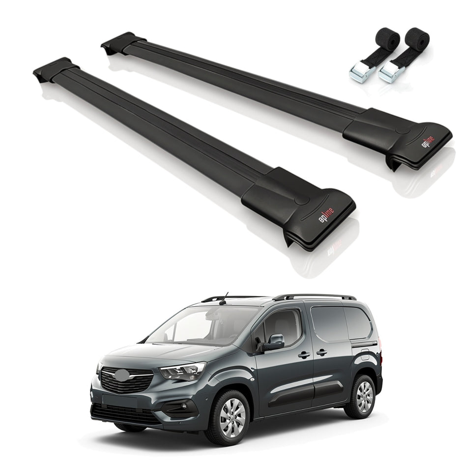 Roof Bars Compatible with Opel Combo E Cargo 2019-2022, Black, 2 Bars with Straps
