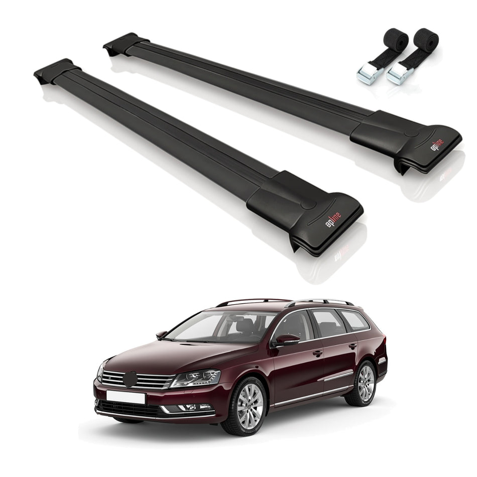 Roof Bars Compatible with Volkswagen Passat B7 (3C) Variant 2010-2014, Black, 2 Bars with Straps