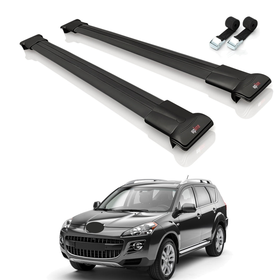 Roof Bars Compatible with Peugeot 4007 2007-2012, Black, 2 Bars with Straps