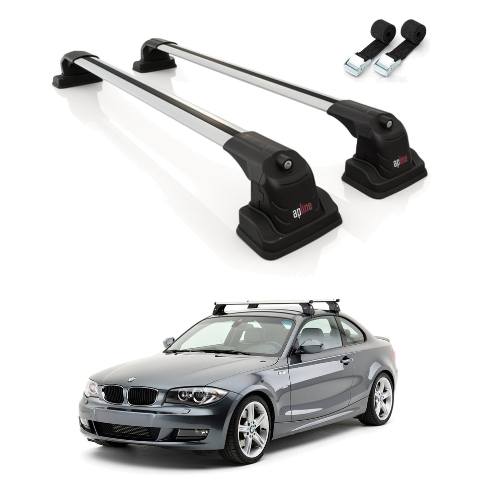 Roof Bars Compatible with BMW 1 Series (E82) 2007-2013, Grey, 2 Bars with Straps
