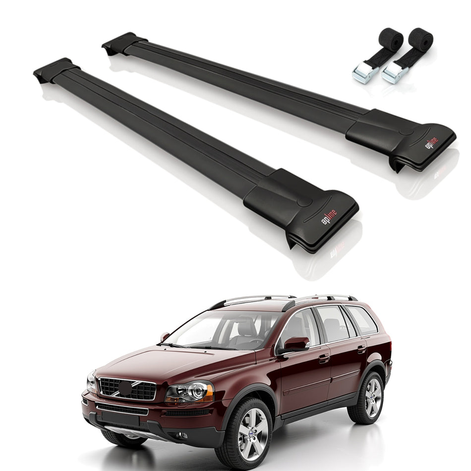 Roof Bars Compatible with Volvo XC90 2003-2014, Black, 2 Bars with Straps
