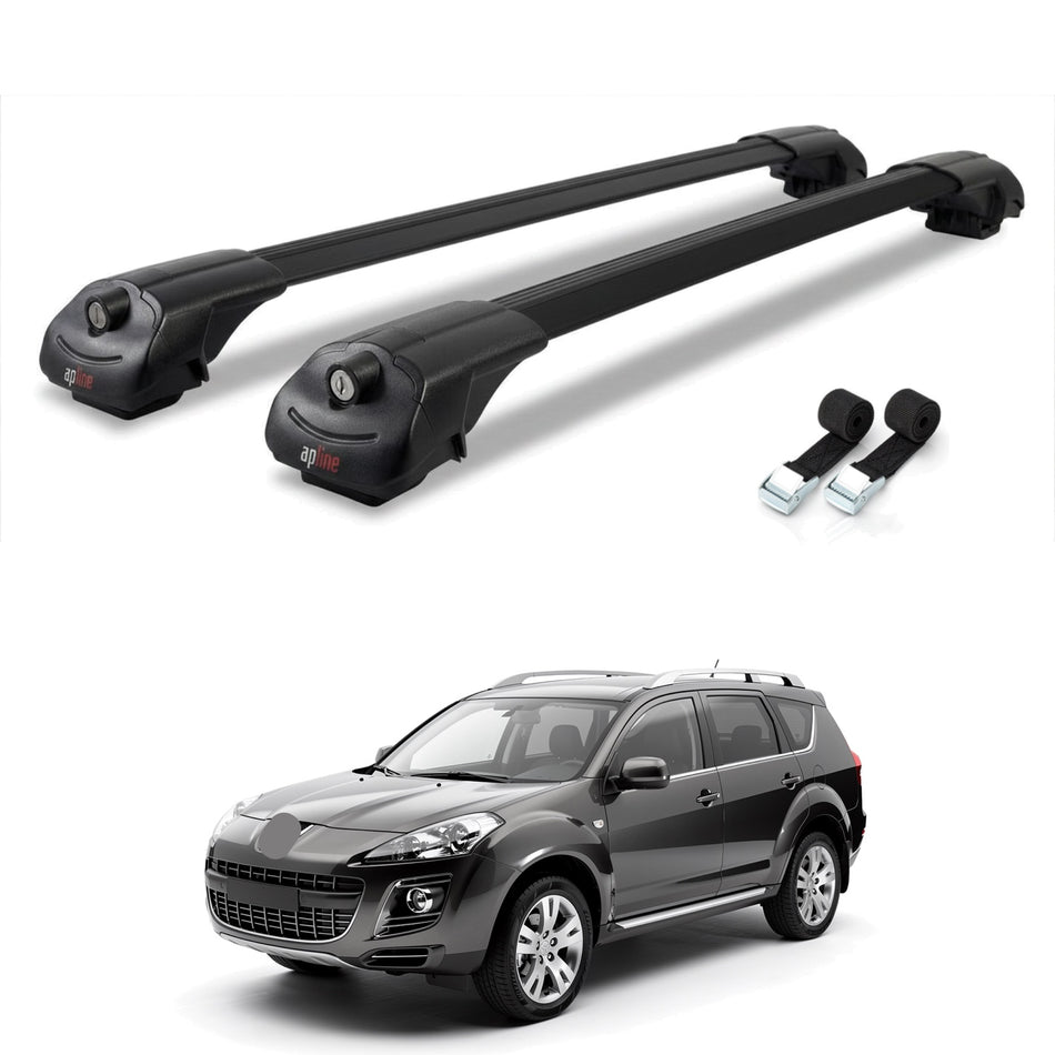 Roof Bars Compatible with Peugeot 4007 2007-2012, Black, 2 Bars with Straps