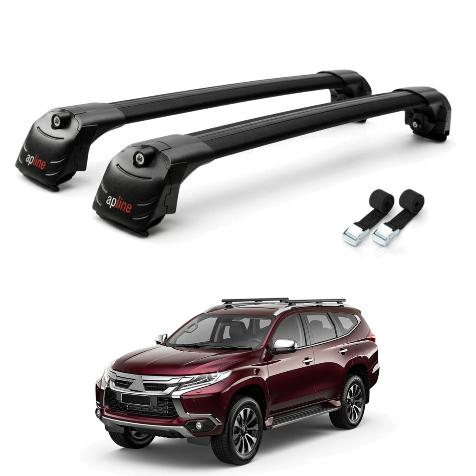 Roof Bars Compatible with Mitsubishi Pajero Sport 3 2016-2025, Black, 2 Bars with Straps