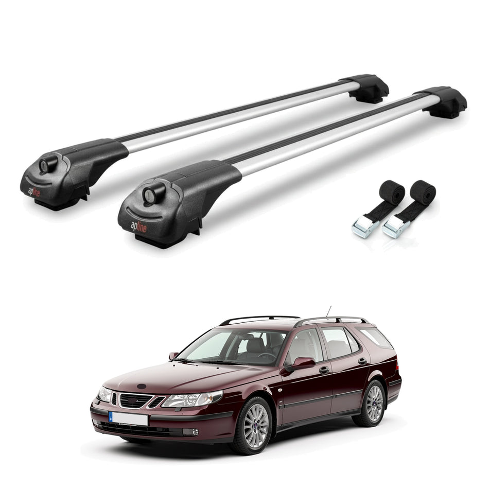 Roof Bars Compatible with Saab 9-5 (YS3E) SW 1998-2010, Grey, 2 Bars with Straps.